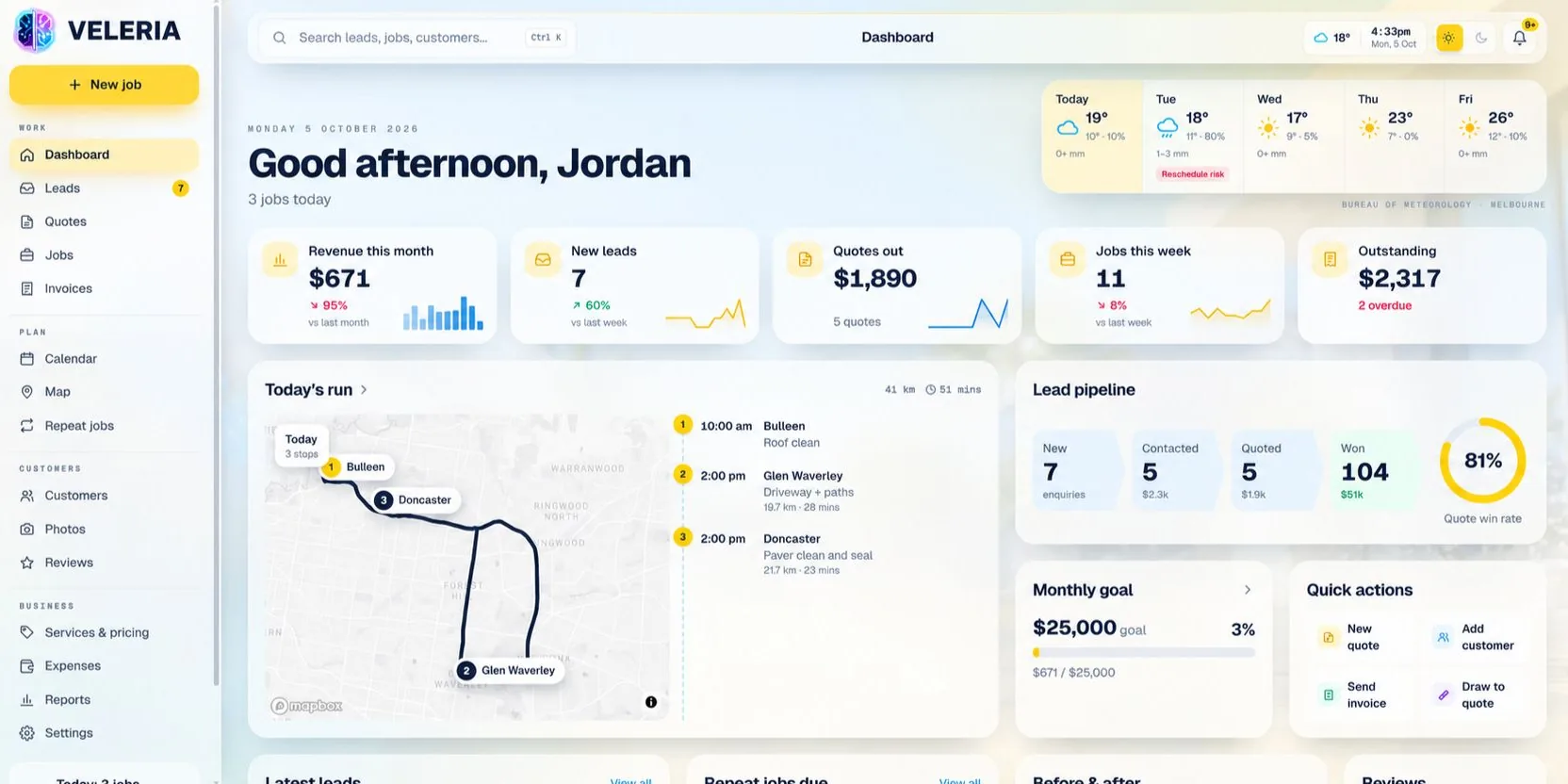Pressure Washing CRM by Veleria, dashboard preview