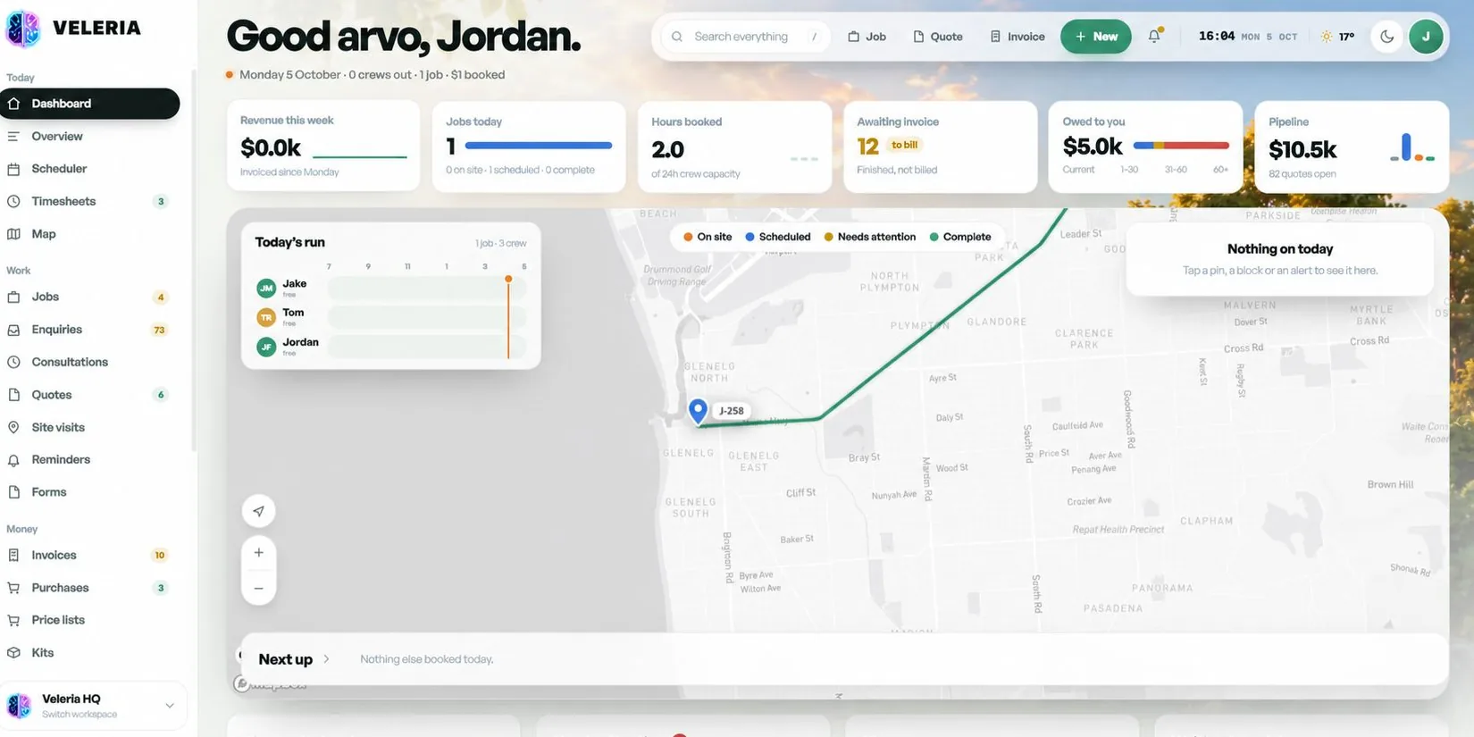 Trades CRM by Veleria, dashboard preview